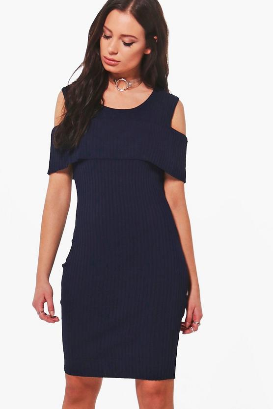 Una Ruffle Cold Shoulder Rib Knit Jumper Dress